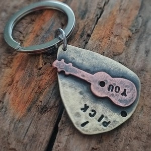 Guitar Pick Keychain Mens Personalized Keychain Mens Guitar Pick Keychain Hand Stamped Guitar Pick Metal Guitar Pick Metal Keychain image 5