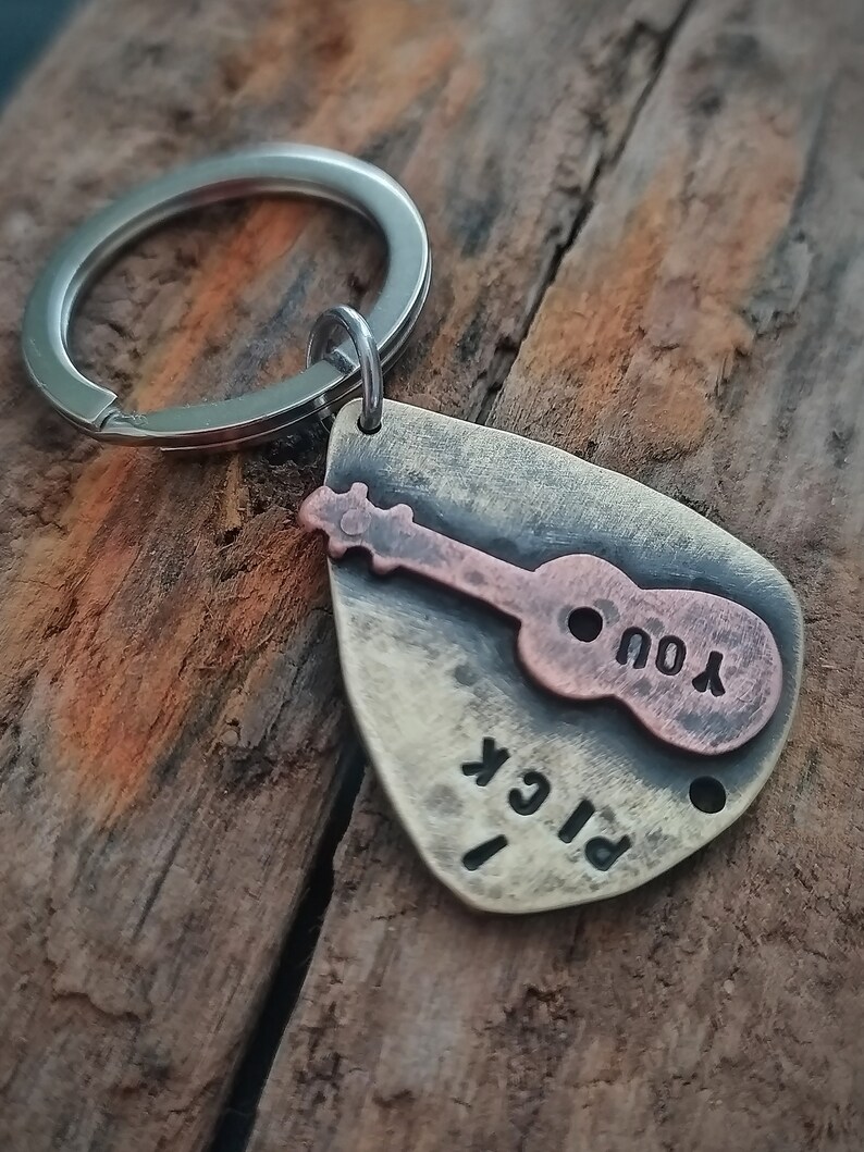 Guitar Pick Keychain Mens Personalized Keychain Mens Guitar Pick Keychain Hand Stamped Guitar Pick Metal Guitar Pick Metal Keychain image 5