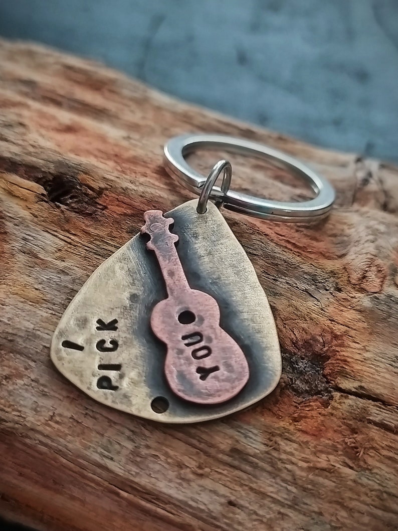 Guitar Pick Keychain Mens Personalized Keychain Mens Guitar Pick Keychain Hand Stamped Guitar Pick Metal Guitar Pick Metal Keychain image 1