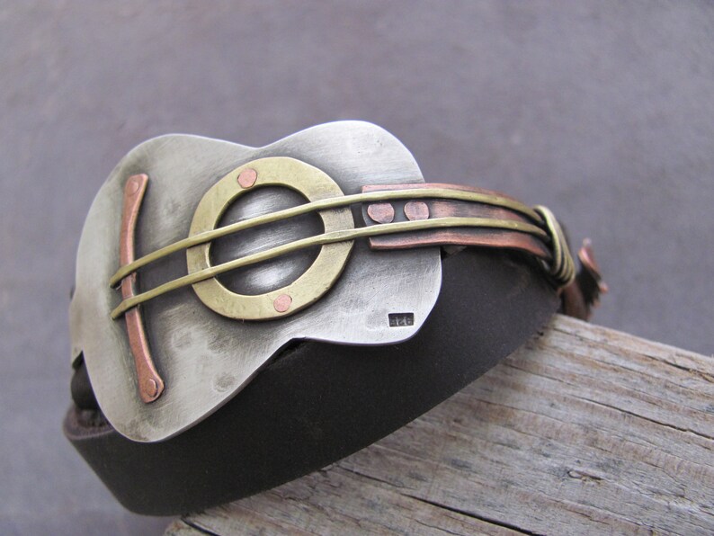 Guitar Bracelet Sterling Silver Guitar Bracelet Music Bracelet Guitar Jewelry Guitar Leather Bracelet Guitar Gifts for Men Music Gift