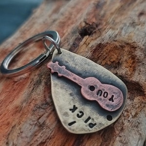 Guitar Pick Keychain Mens Personalized Keychain Mens Guitar Pick Keychain Hand Stamped Guitar Pick Metal Guitar Pick Metal Keychain image 2