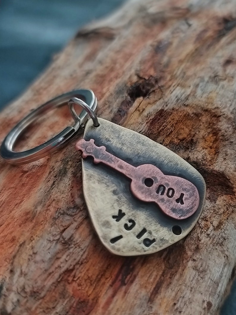 Guitar Pick Keychain Mens Personalized Keychain Mens Guitar Pick Keychain Hand Stamped Guitar Pick Metal Guitar Pick Metal Keychain image 2