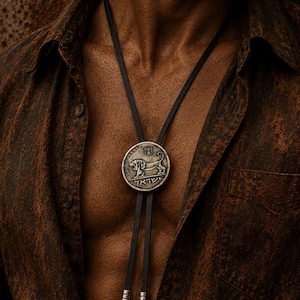 May include: A bolo tie featuring a circular silver-toned pendant with a relief of a lion and Hebrew text. The pendant is attached to a black leather cord that ends in two small silver-toned metal charms with sun-like designs at the bottom.