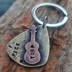 Guitar Pick Keychain Mens Personalized Keychain Mens Guitar Pick Keychain Hand Stamped Guitar Pick Metal Guitar Pick Metal Keychain image 3