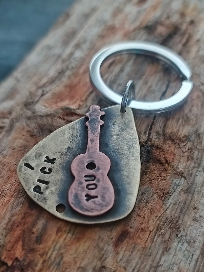 Guitar Pick Keychain Mens Personalized Keychain Mens Guitar Pick Keychain Hand Stamped Guitar Pick Metal Guitar Pick Metal Keychain image 3