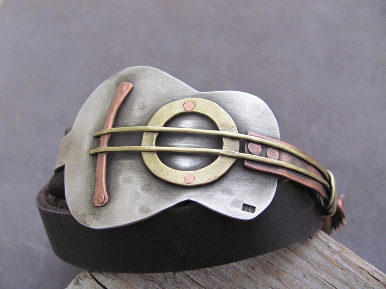 Guitar Bracelet Sterling Silver Guitar Bracelet Music Bracelet Guitar Jewelry Guitar Leather Bracelet Guitar Gifts for Men Music Gift