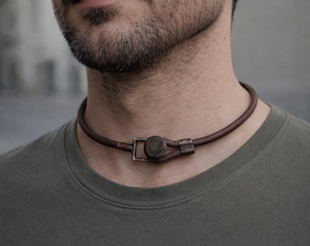 メンズ ブラック レザー チョーカー ネックレス、メンズ レザー