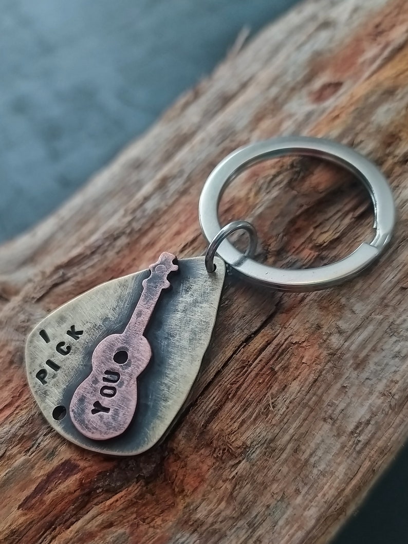 Guitar Pick Keychain Mens Personalized Keychain Mens Guitar Pick Keychain Hand Stamped Guitar Pick Metal Guitar Pick Metal Keychain image 4