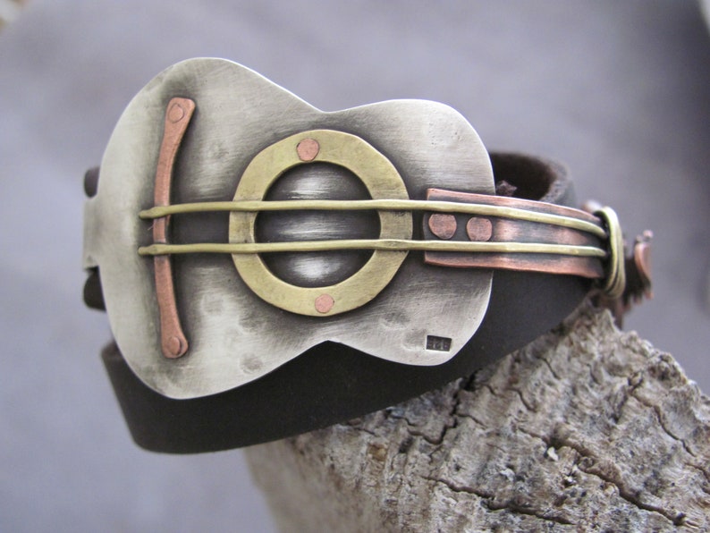 Guitar Bracelet Sterling Silver Guitar Bracelet Music Bracelet Guitar Jewelry Guitar Leather Bracelet Guitar Gifts for Men Music Gift