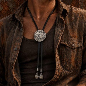 May include: A bolo tie featuring a circular silver-toned pendant with an embossed lion and Hebrew text. The pendant is attached to a black leather cord that ends in two silver-toned metal tips, each decorated with a small sun-like face emblem.