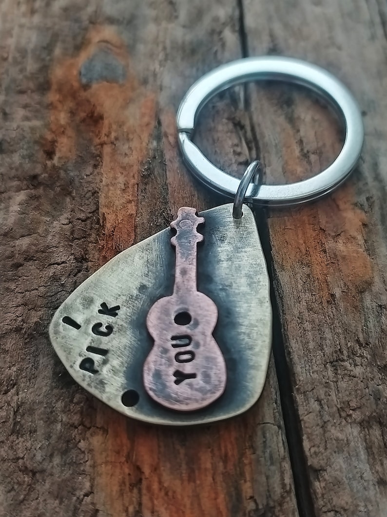 Guitar Pick Keychain Mens Personalized Keychain Mens Guitar Pick Keychain Hand Stamped Guitar Pick Metal Guitar Pick Metal Keychain image 6