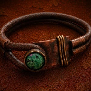Mens Leather Bracelet  Gemstone Mens Leather Bracelet  Copper Bracelet  Brown Bracelet  Leather Bracelet For Men Zoisite Bracelet