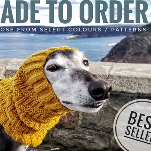 May include: A greyhound dog wearing a yellow knitted neck warmer. The neck warmer is made of 100% wool. The dog is looking to the right. The text "MADE TO ORDER" and "CHOOSE FROM SELECT COLORS / PATTERNS" is at the top of the image. The text "BEST SELLER" is in a circle at the bottom right of the image.