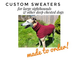 Greyhound Sweater / Jumper. Saluki, Galgo, Large Sighthound. Made to Order. Hand Knit. Machine washable. Choose color and style.