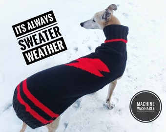 Greyhound Sweater / Jumper. Hand Knit. Black / Red Lightning Bolt. Machine washable. Free Shipping.