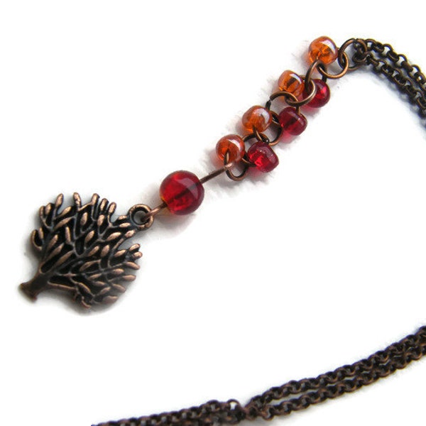 Red copper tree necklace, beaded pendant, tree charm necklace, nature, gift for her,everyday jewellery