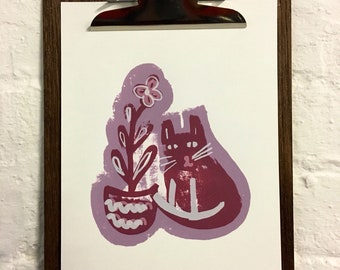 Sérigraphie originale A4 de chat rose, art mural, décoration intérieure, chambre d'enfant, impression ludique