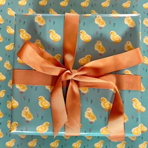 Peut inclure: Un coffret cadeau emball&eacute; avec un fond bleu sarcelle et un motif de poussins jaunes. La bo&icirc;te est nou&eacute;e avec un large ruban et un n&oelig;ud orange. Le papier d'emballage pr&eacute;sente un motif r&eacute;p&eacute;t&eacute; de poussins jaunes et de petites fleurs violettes.