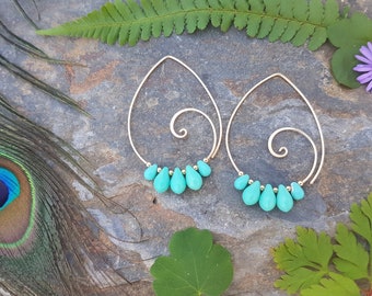 Gold Spiral Earrings with Cobalt Blue Glass Teardrop beads Cheeky Danglers Spiral Jewellery Handcrafted Earrings Spiral Hoop Earrings