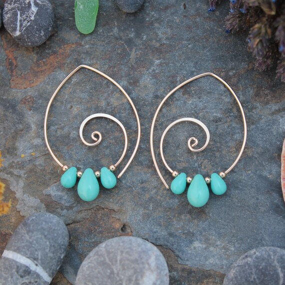 Gold Spiral Earrings with Cobalt Blue Glass Teardrop beads Cheeky Danglers Spiral Jewellery Handcrafted Earrings Spiral Hoop Earrings