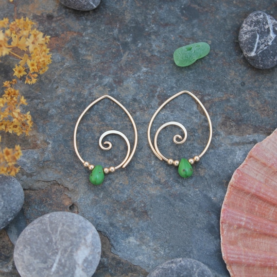 Gold Spiral Earrings with Cobalt Blue Glass Teardrop beads Cheeky Danglers Spiral Jewellery Handcrafted Earrings Spiral Hoop Earrings
