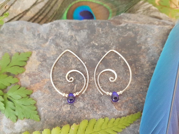 Gold Spiral Earrings with Cobalt Blue Glass Teardrop beads Cheeky Danglers Spiral Jewellery Handcrafted Earrings Spiral Hoop Earrings