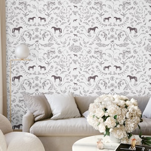 French Gray Horse Toile&#39; Wallpaper