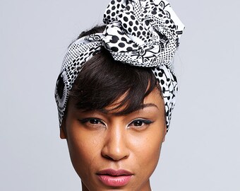Black and White Print head wrap | Wax print Head wrap | Ankara Print headscarf | African wax print material | Print Head Scarf | Print 15