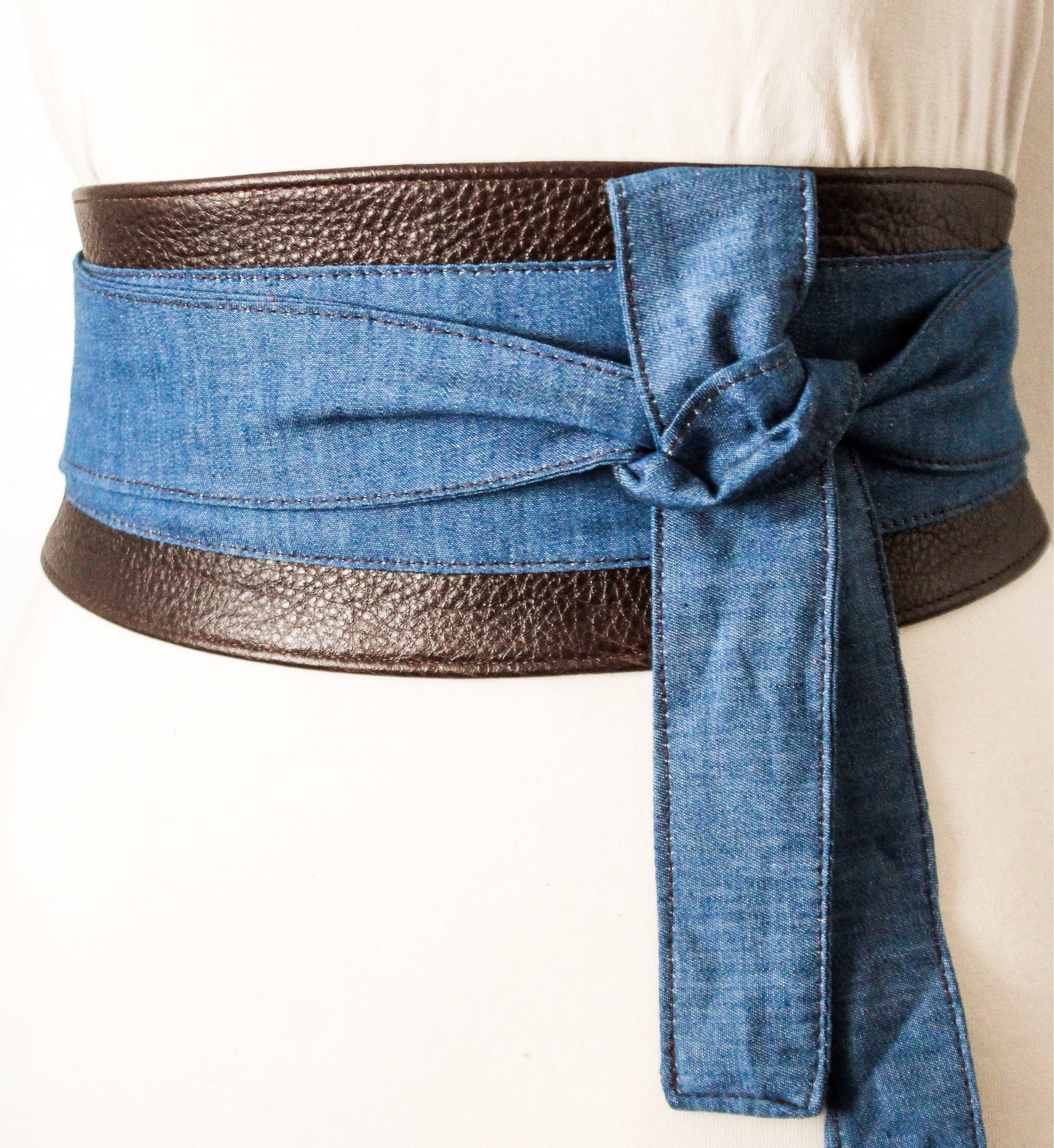 Brown Leather Denim Obi Belt Denim belt Denim Obi belt Etsy