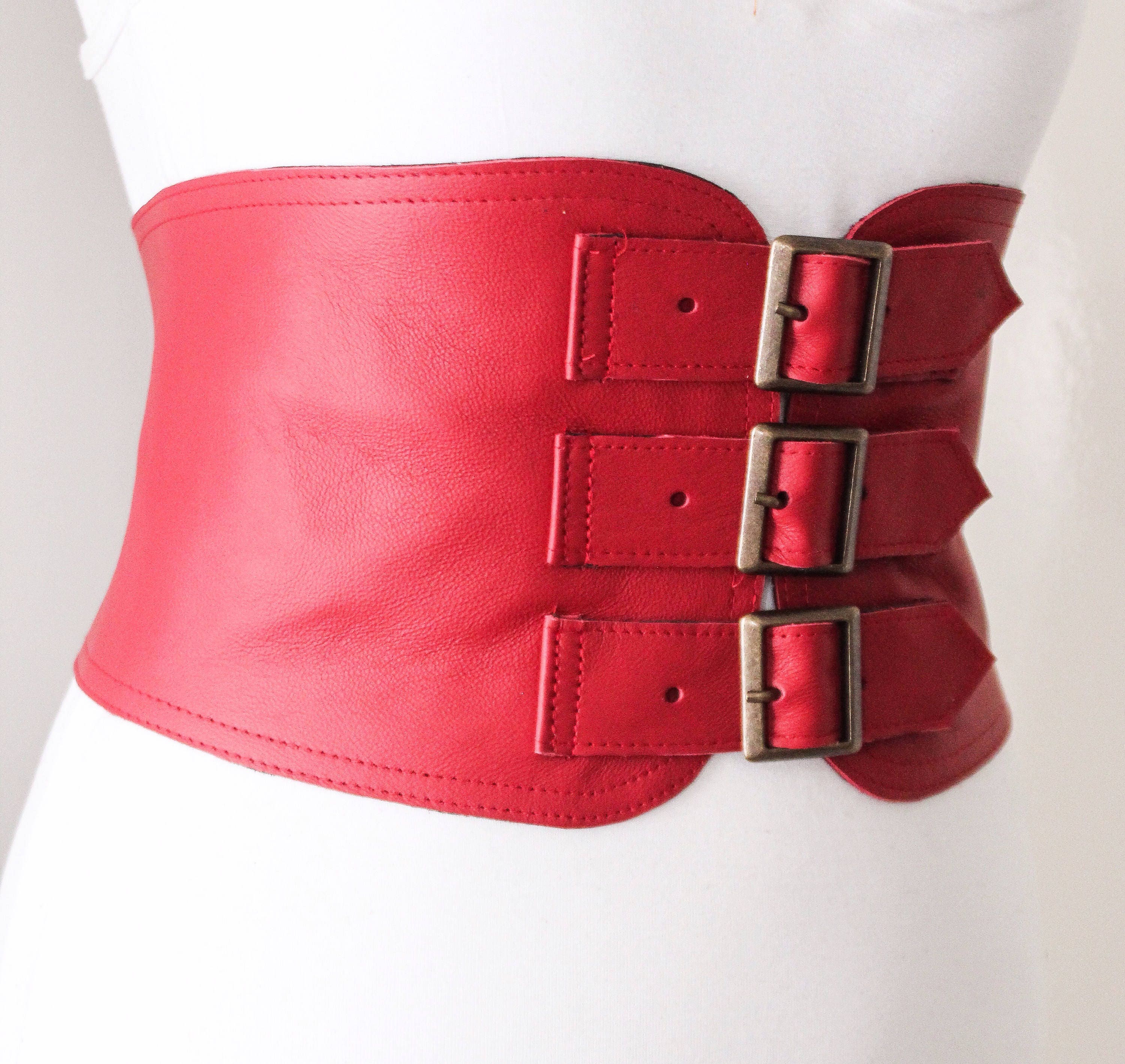 Red Corset Leather Three Buckle Belt Brown Waist Belt | Etsy