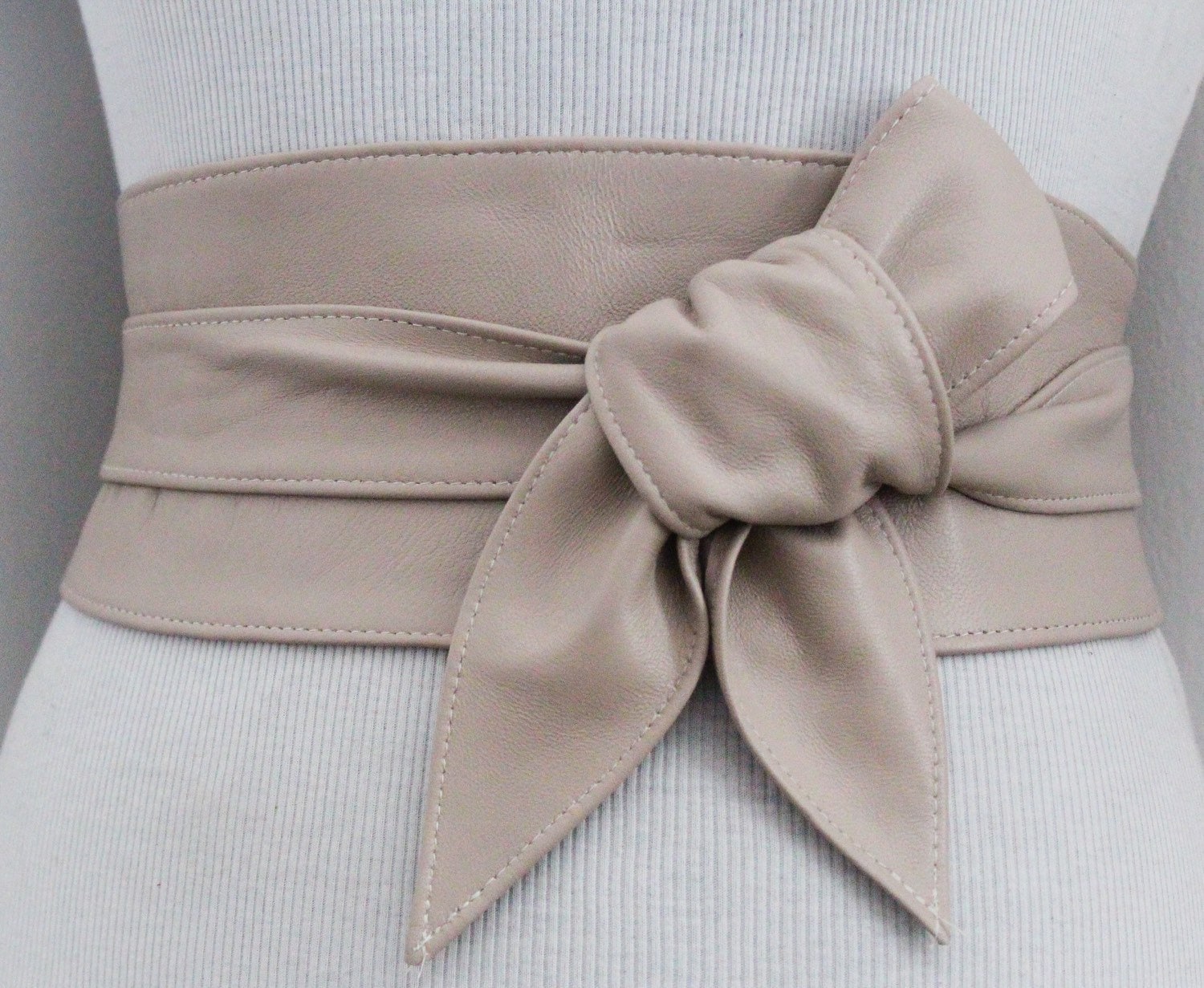 Beige soft Leather Obi Belt tulip tie Waist Sash Belt Real