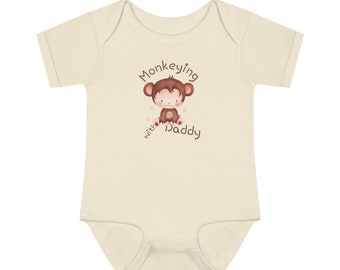 Monkeying With Daddy Baby Onesie®. Adorable Animal Themed Bodysuit for baby girls and boys. Perfect New Mom Gift!