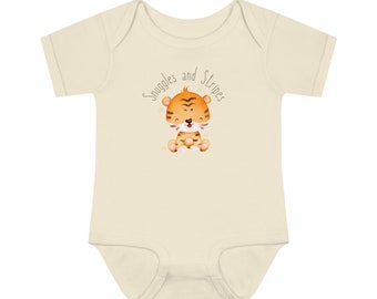 Snuggles and Stripes Baby Onesie®. Adorable Animal Themed Bodysuit for baby girls and boys. Perfect New Mom Gift!