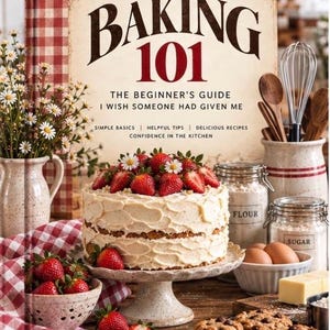 Puede incluir: Un libro de cocina titulado Baking 101: The Beginner's Guide I Wish Someone Had Given Me, que muestra un pastel de dos capas con glaseado blanco y fresas, un paño a cuadros rojos y blancos, un batidor y frascos etiquetados como harina y azúcar.