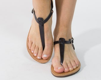 T-Strap leather sandals Made in Greece, Handmade Women's leather sandals,Black sandals,flat,ankle strappy - Despoina