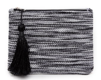 Handmade Silk woven clutch with leather. Women's purse. Boho folklore leather bag. Silk yarn clutch with tassel.