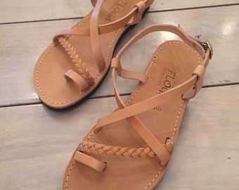 Tan leather sandals for Women, Greek leather sandals,Flat Women's sandals - Efimia