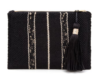 Handmade Gold Leaf woven clutch. Women's purse. Boho folklore. Yarn clutch with tassel.