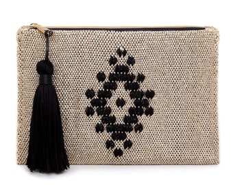 Handmade Gold color woven clutch. Women's purse. Boho folklore. Shiny Yarn clutch with tassel.