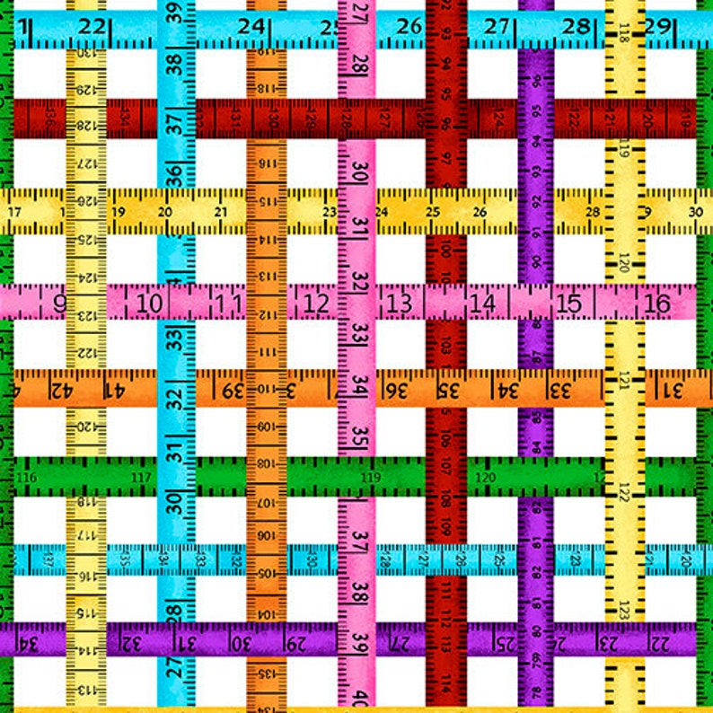 May include: A colorful pattern of overlapping measuring tapes with numbers from 1 to 40. The tapes are in various colors, including yellow, orange, red, pink, purple, blue, green, and turquoise.