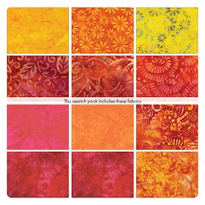 Pode incluir: Um pacote de amostras de tecidos batik coloridos em tons de amarelo, laranja, vermelho e rosa. Os tecidos apresentam padrões florais e abstratos. O texto "This swatch pack includes these fabrics" é visível.
