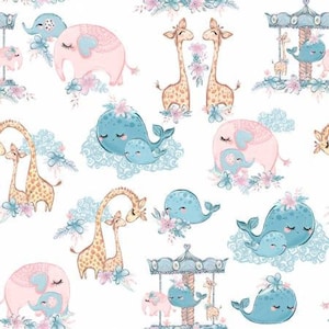 Puede incluir: Un patr&oacute;n sin costuras que presenta una variedad de animales lindos, incluidos elefantes, jirafas y ballenas. Los animales se representan en un estilo caprichoso con colores pastel y acentos florales. El patr&oacute;n es perfecto para telas, papel tapiz u otras aplicaciones decorativas.