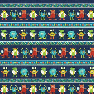 May include: A repeating pattern of colorful monsters wearing lab coats and holding beakers on a dark blue background. The monsters have different colors, shapes, and expressions.