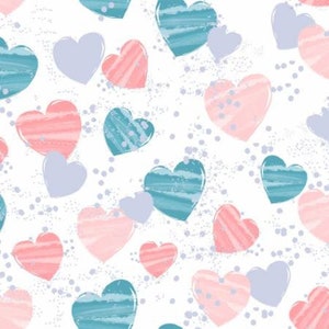 Puede incluir: Un patr&oacute;n sin costuras con una variedad de corazones de colores pastel sobre un fondo blanco. Los corazones son en tonos de rosa, azul y morado, y est&aacute;n dispuestos en un patr&oacute;n aleatorio. El fondo est&aacute; cubierto de peque&ntilde;os puntos blancos.