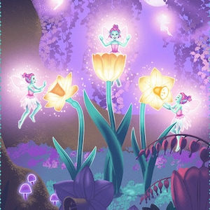 May include: A whimsical illustration of a magical forest scene with fairies and flowers. The fairies are dressed in blue and green, and they are flying around a large yellow flower. The forest is filled with purple flowers and glowing lights.