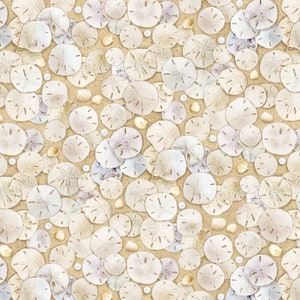 May include: A seamless pattern of white sand dollars on a beige background. The sand dollars are arranged in a random pattern, with some overlapping.