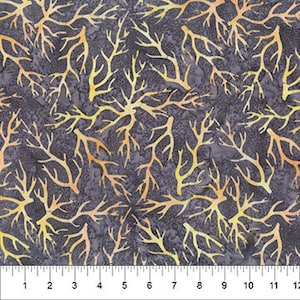 May include: A gray fabric with a repeating pattern of yellow and orange branches. The branches are stylized and resemble a tree or bush.