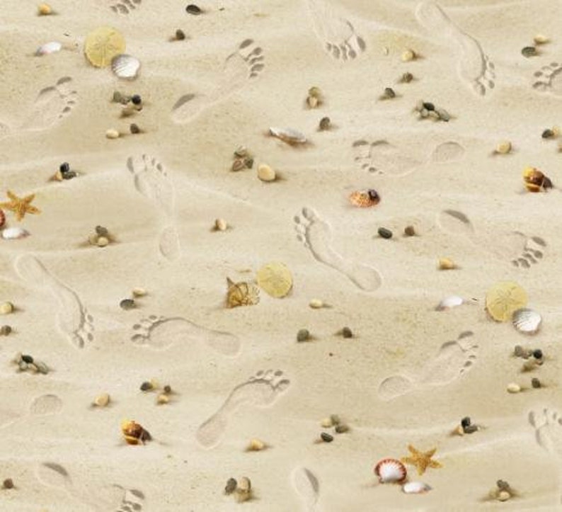 May include: A close-up of a sandy beach with many footprints in the sand. There are also seashells and other beach debris scattered throughout the image.