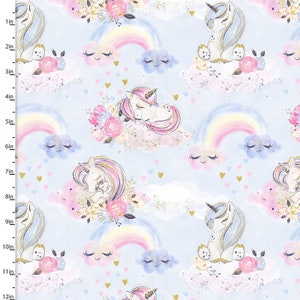 May include: A seamless pattern featuring pastel pink, blue, and yellow rainbows, clouds with sleepy faces, and unicorns with gold glitter accents on a light blue background.