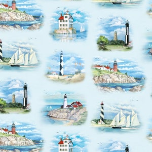 May include: A seamless pattern featuring lighthouses, sailboats, and seascapes. The lighthouses are painted in red, white, and black with a blue sky and water background.